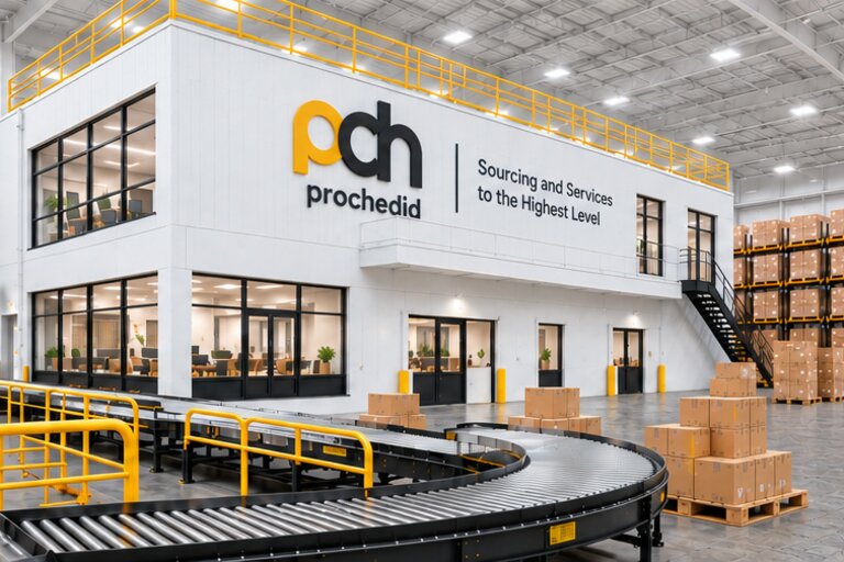 Two-story PROCHEDID operations offices overlooking a conveyor line and palletized boxes on the warehouse floor