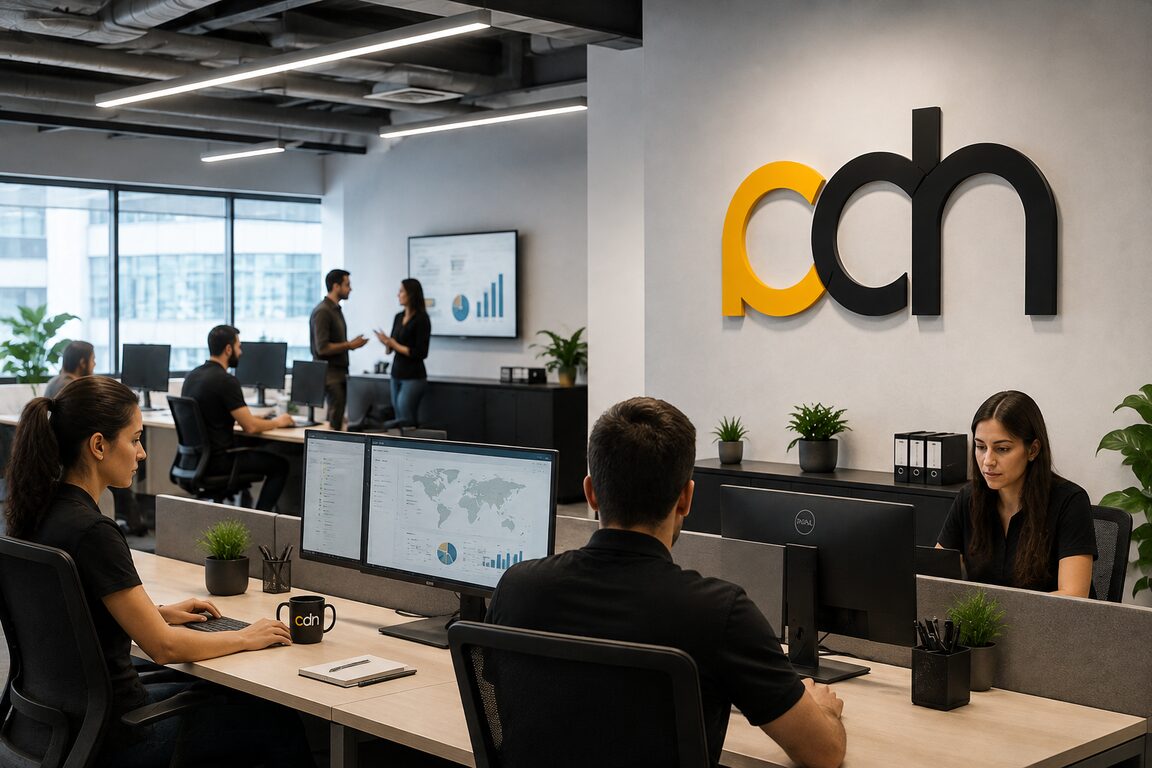 PROCHEDID team members working at desks in a modern office, with the PROCHEDID mark on the wall