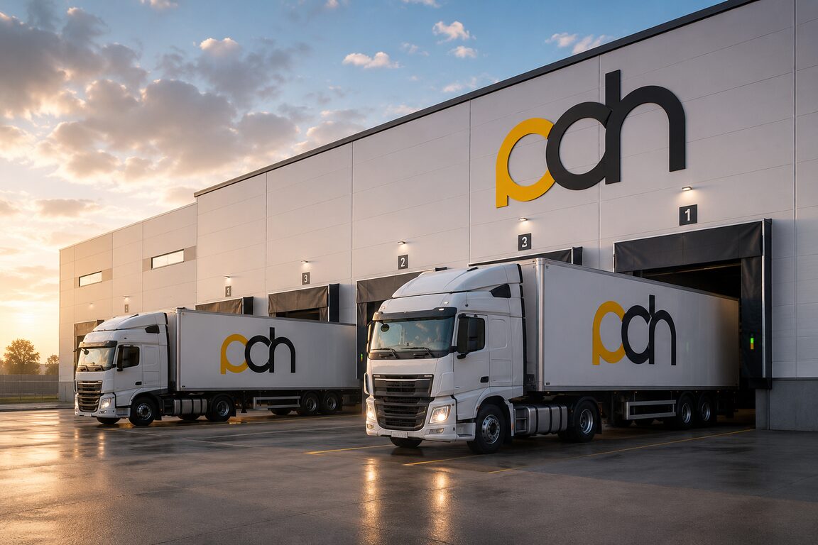 Two PROCHEDID-branded trucks backed up to numbered loading docks outside the facility at sunset